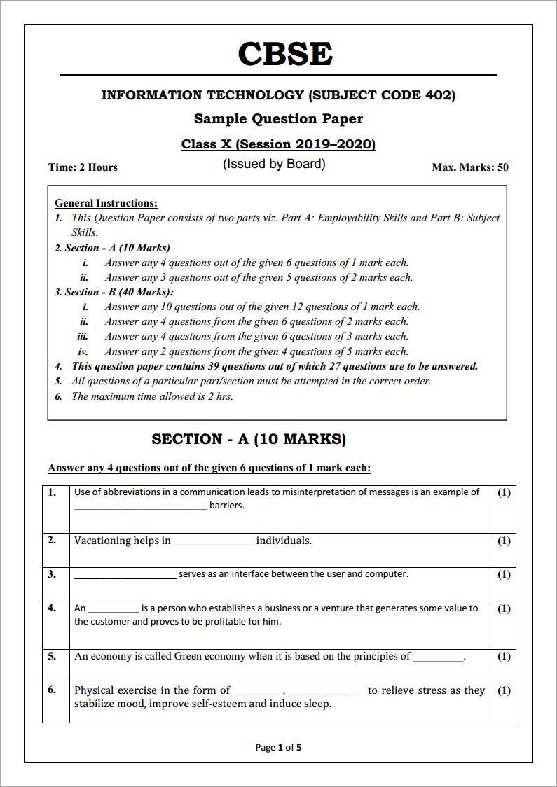 Information Technology Code 402 Sample Papers Class 10 With Solutions